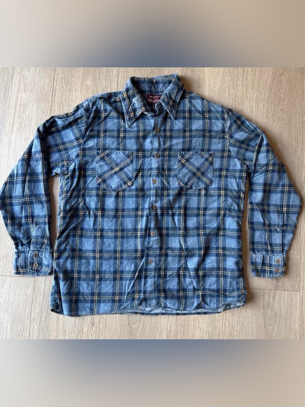 Vintage Kingsport Blue Plaid Flannel Shirt Mens L 100% Cotton Made Philippines